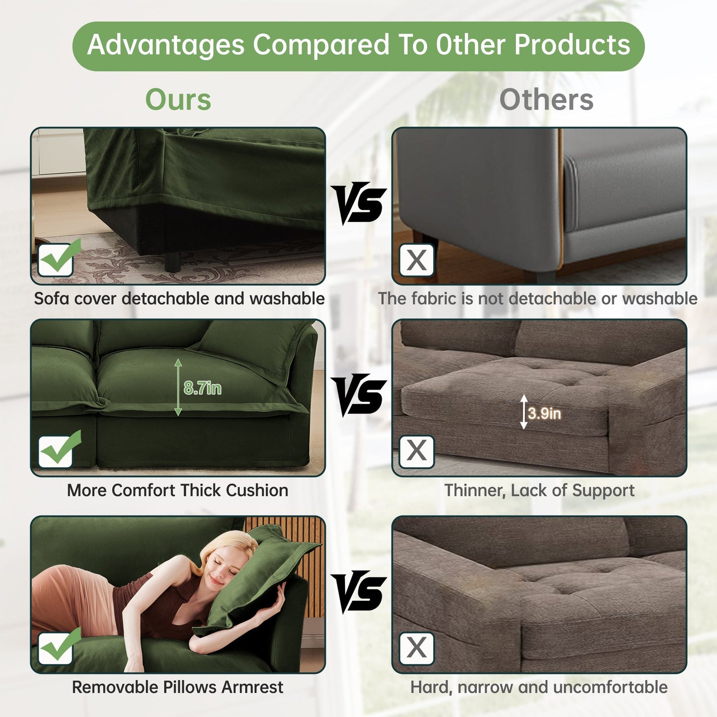 Living Room Sofa Slipcovered Sofa 3 Seater Sofa With 3 Ottomans, Oversized 3-Seat Sleeper Sofa Bed Home Theater Sofa, Chenille, Green
