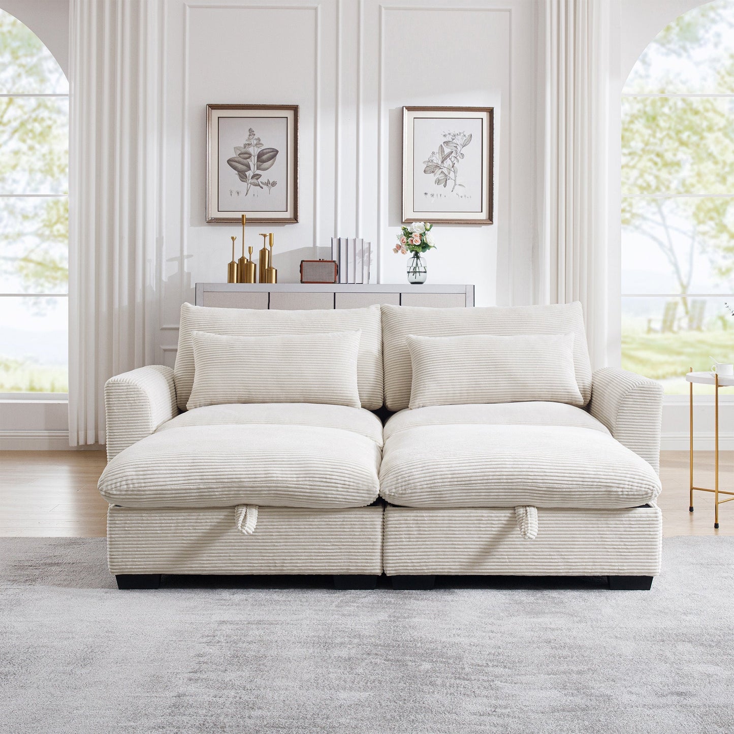 Corduroy Two-Seater Sofa with 2 Storage Footrest, 2 Seater Sectional deep seat sofa,Comfy Couches for Living Room ,Beige Sofa