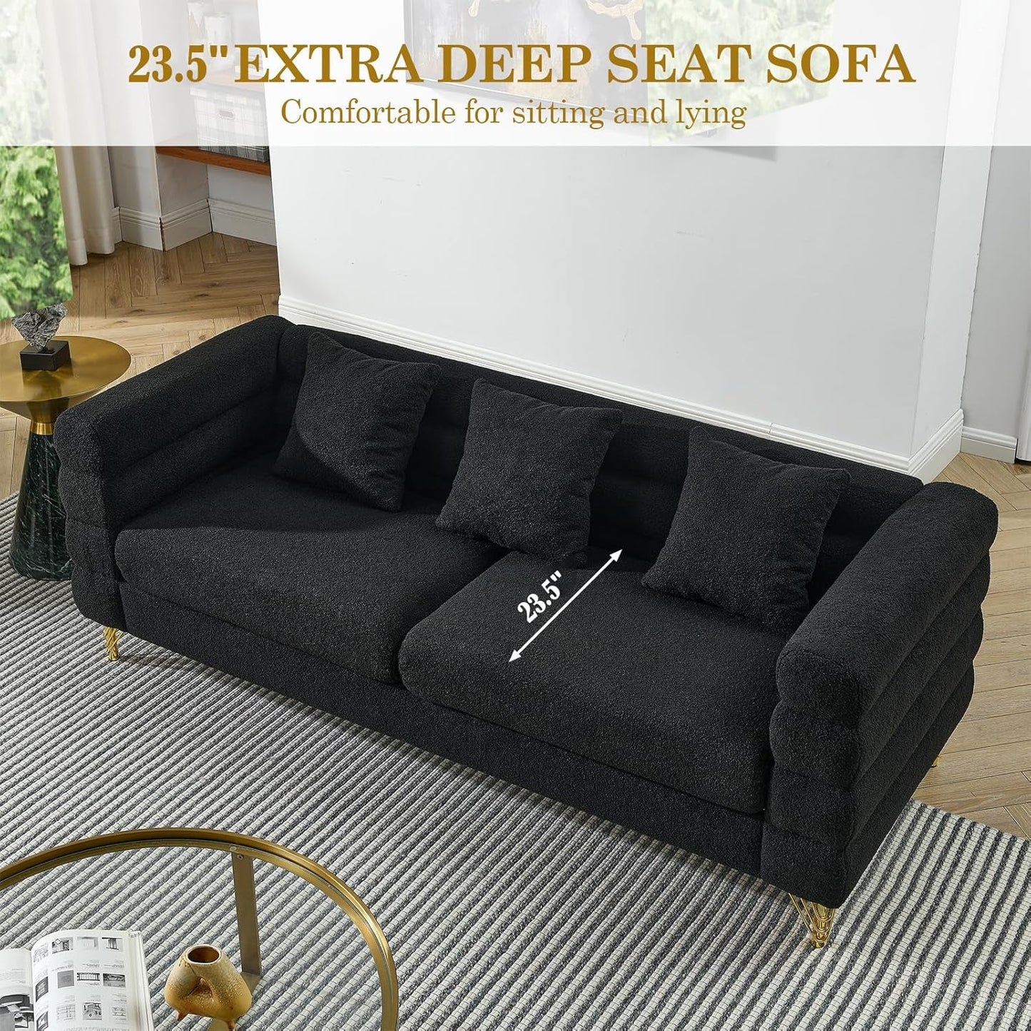Sofa, 2 Pieces Sofa Set,Oversize 2/3 Seater Extra Deep Seat Sofa,Modern Upholstered Futon Sofa Couch, Comfy Teddy Bouclé Cloud Sofa,Furniture for Living Room,Bedroom,Office,Apartment(Black)