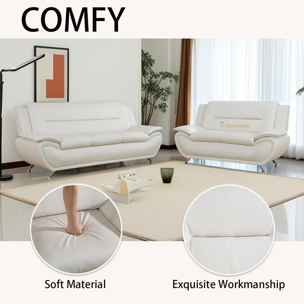 Sectional Sofa Sets, Living Room Furniture Sets Modern Faux Leather Sofa Couch 5-Seat Sofa for Living Room(A-Creamy White, Sofa+Loveseat)