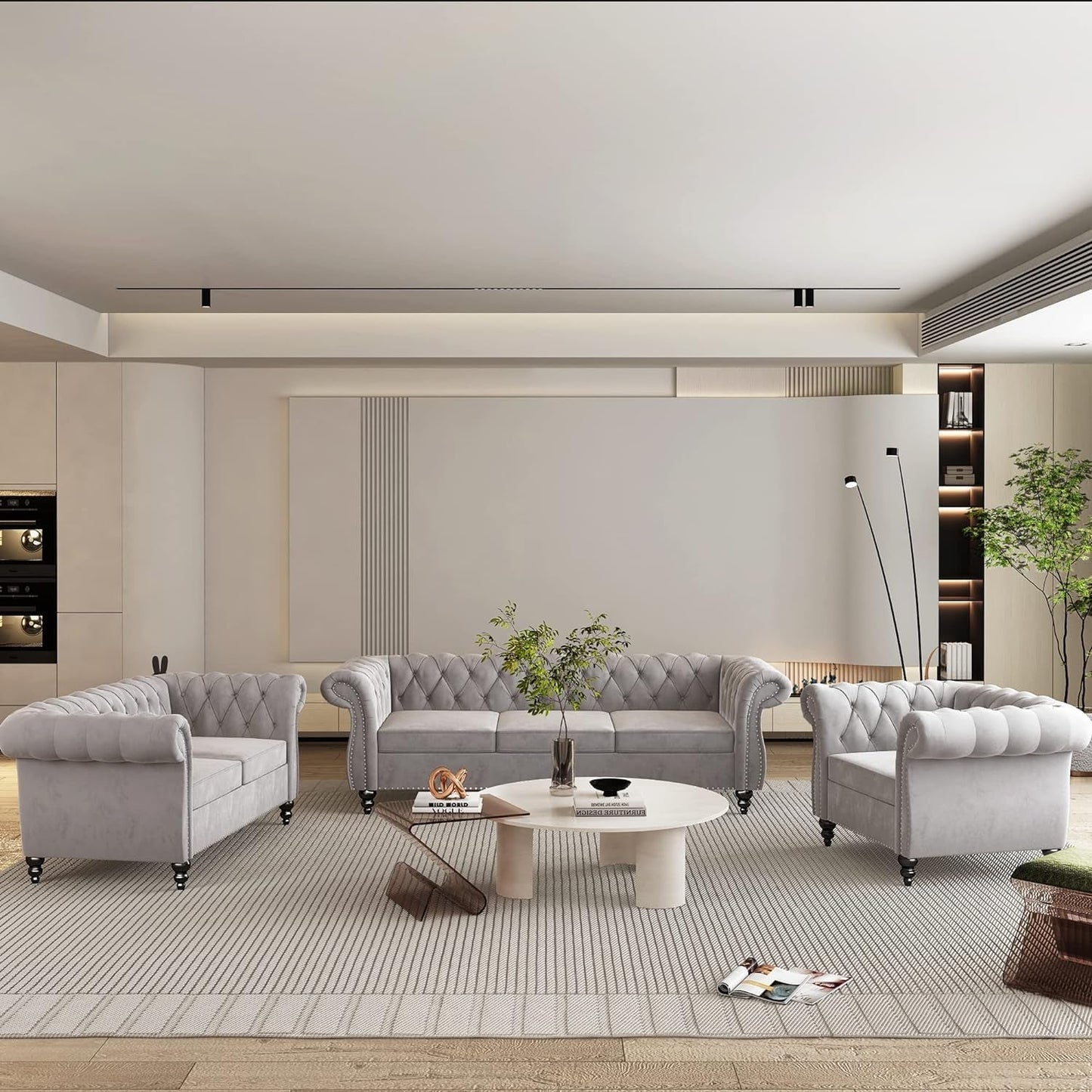 3-Piece Living Room Sectional Sofa Set, Upholstered Sofa Modern Sofa Couches Set Style Button Tufted, Velvet Chesterfield Sofa for Living Room Apartment, 1+2+3 Seat Grey