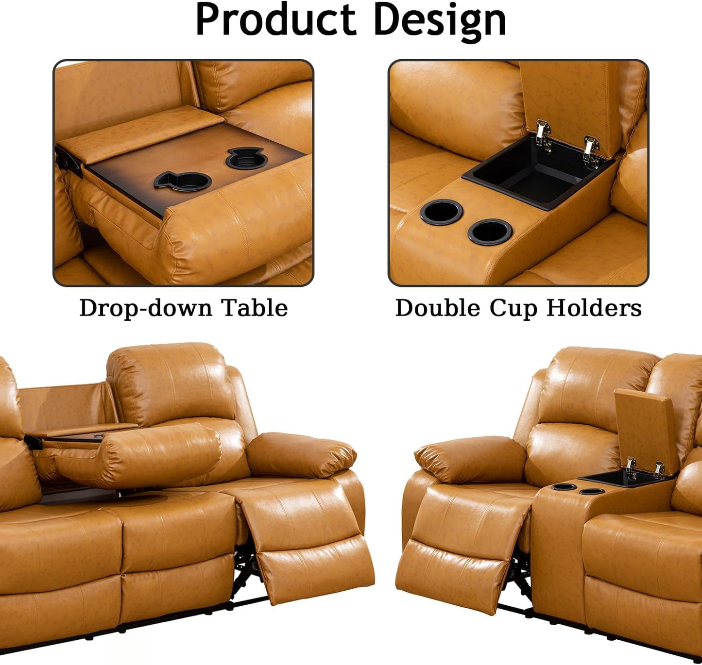 Leather Recliner Sofa Set,Leather Reclining Sofa Set for Living Room Furniture Sets,Ginger Recliner Couch Set for Living Room/Office/Theater Seating(Sofa Set 3 Pieces)
