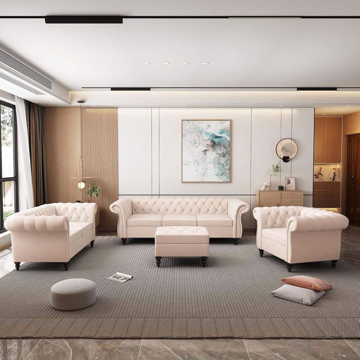 3-Piece Living Room Sectional Sofa Set, Upholstered Sofa Modern Sofa Couches Set Style Button Tufted, Velvet Chesterfield Sofa for Living Room Apartment, 1+2+3 Seat Beige