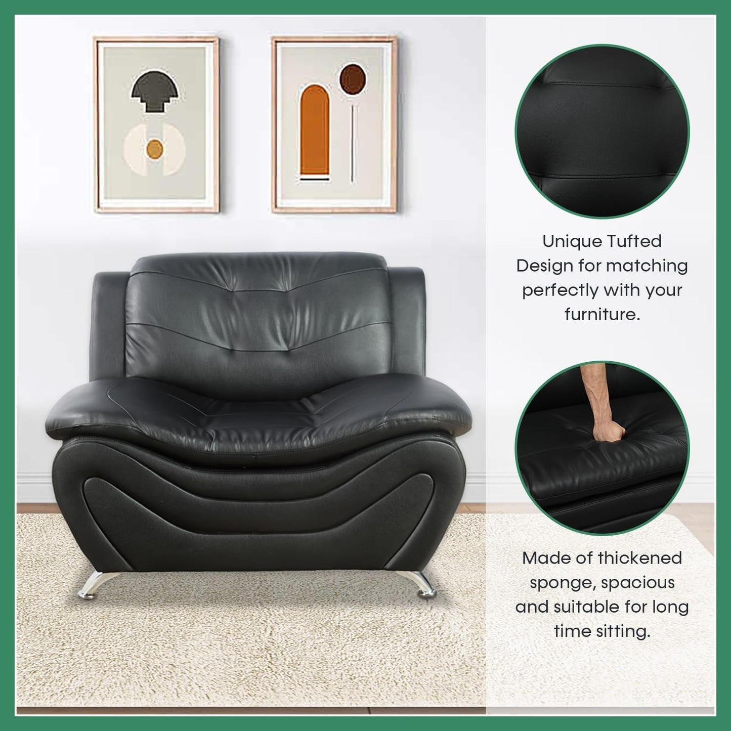 Leather Sofa Set,Leather Sofa Set for Living Room Furniture Sets, Loveseat Sofa with Chair 3-Piece for Living Room/Office/Apartment(Black)