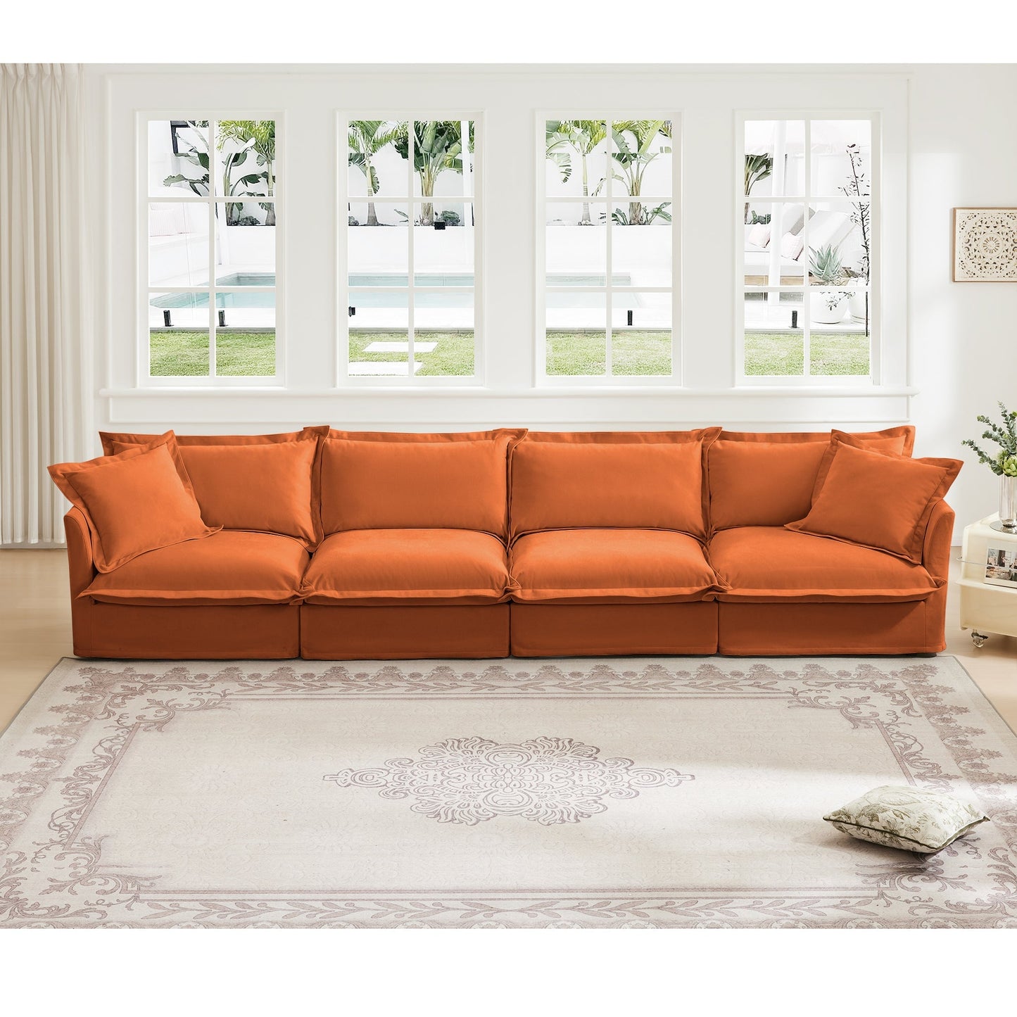 Slipcovered Long Sofa, 4 Seater Sofa with Removable Cover, Extra Deep Couch for Living Room, ,Chenille Fabric Cloud Like Comfy Sofa Couch, Orange Chenille Fabric