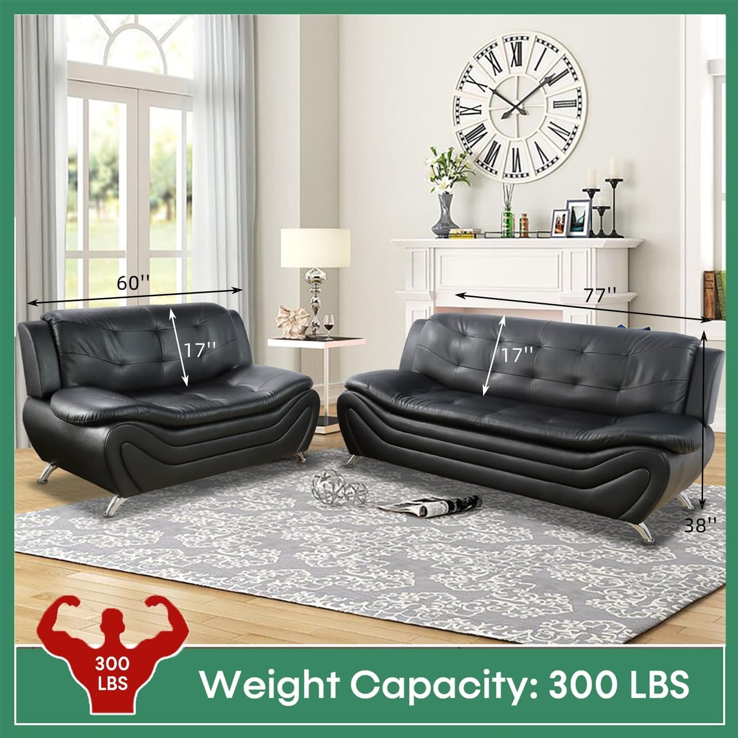 Leather Sofa Set,Leather Sofa Set for Living Room Furniture Sets, Loveseat Sofa with Chair 3-Piece for Living Room/Office/Apartment(Black)