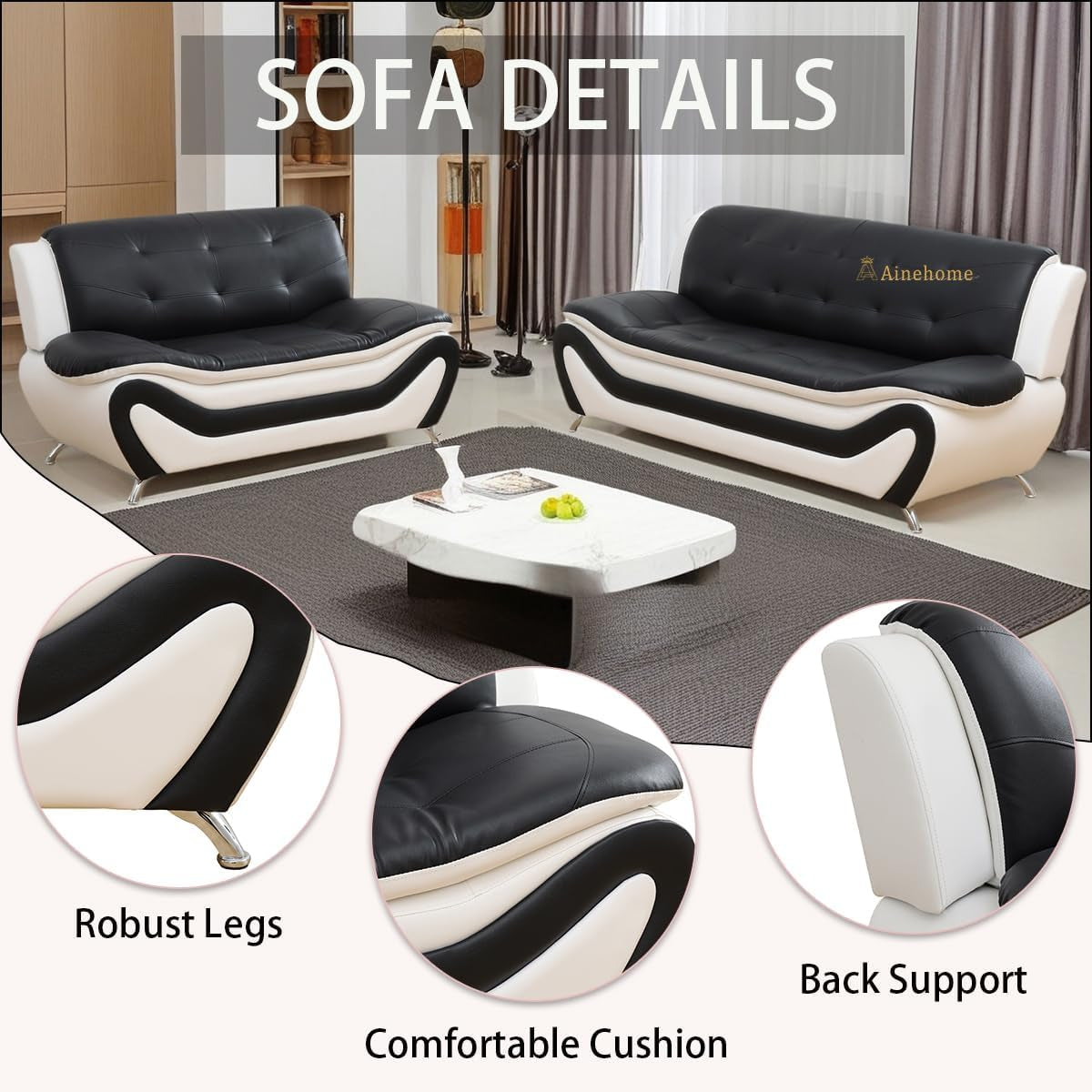 Sectional Sofa Sets, Living Room Furniture Sets Modern Faux Leather Sofa Couch 5-Seat Sofa for Living Room(C-Black/White, Sofa+Loveseat)