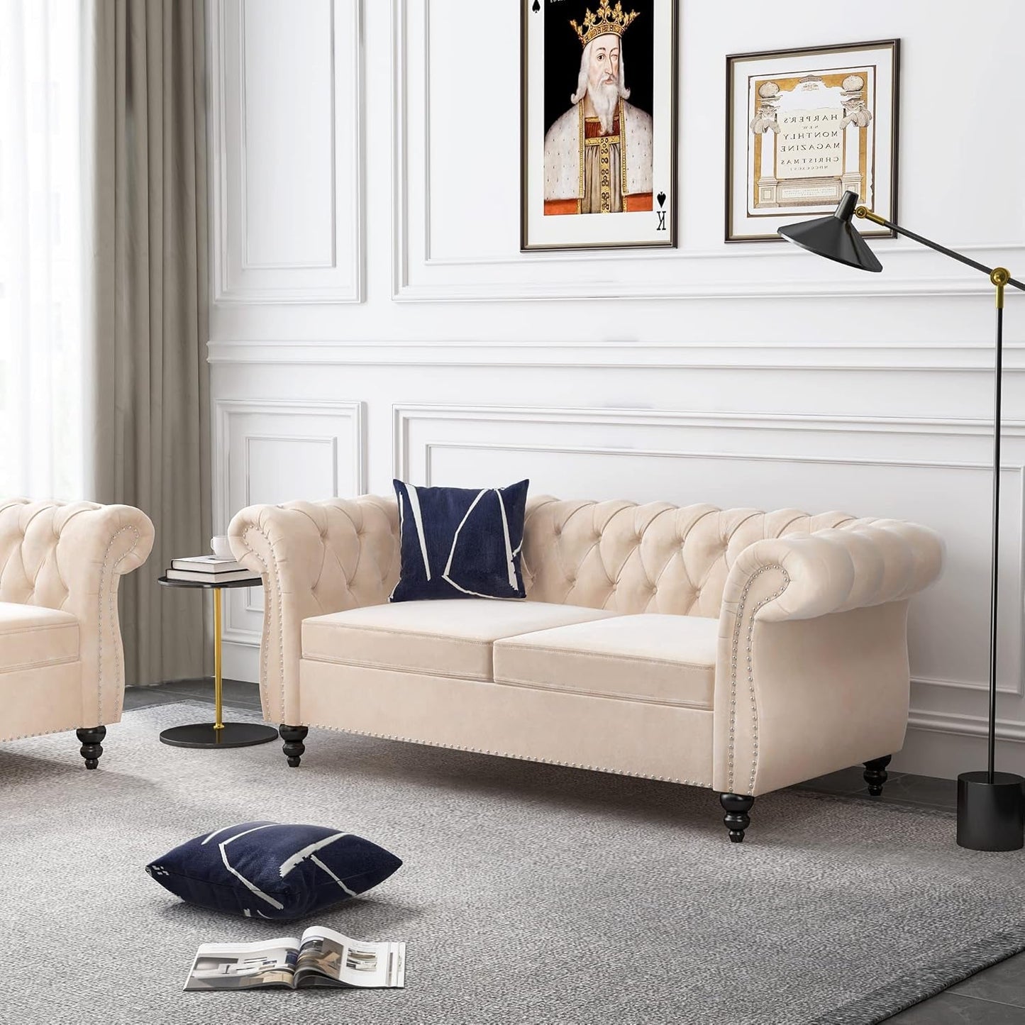 3-Piece Living Room Sectional Sofa Set, Upholstered Sofa Modern Sofa Couches Set Style Button Tufted, Velvet Chesterfield Sofa for Living Room Apartment, 1+2+3 Seat Beige