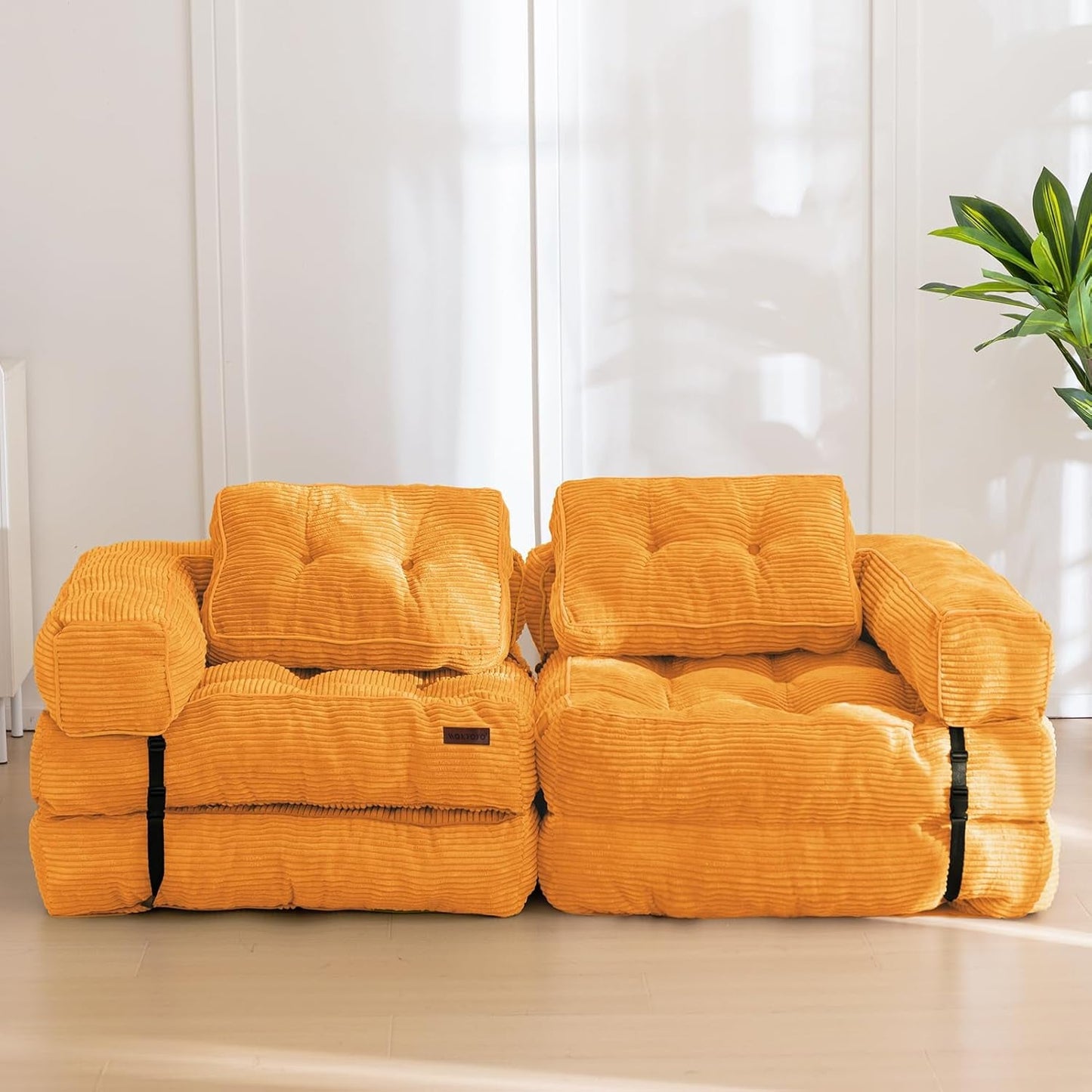 Folding Sofa Bed, L-Shaped Convertible Sofa Bed with Armrest Foldable Sleeper Sofa with Pillow, Portable Fold Out Chair Bed Comfy Floor Sofa Lounge for Living Room Bedroom, Orange