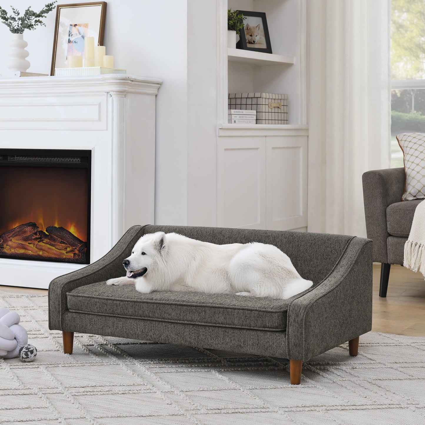 Durable Elevated Dog Sofa Bed with Modern Irregular Armrest Design, Comfortable Soft Pet Sofa - Dark Gray