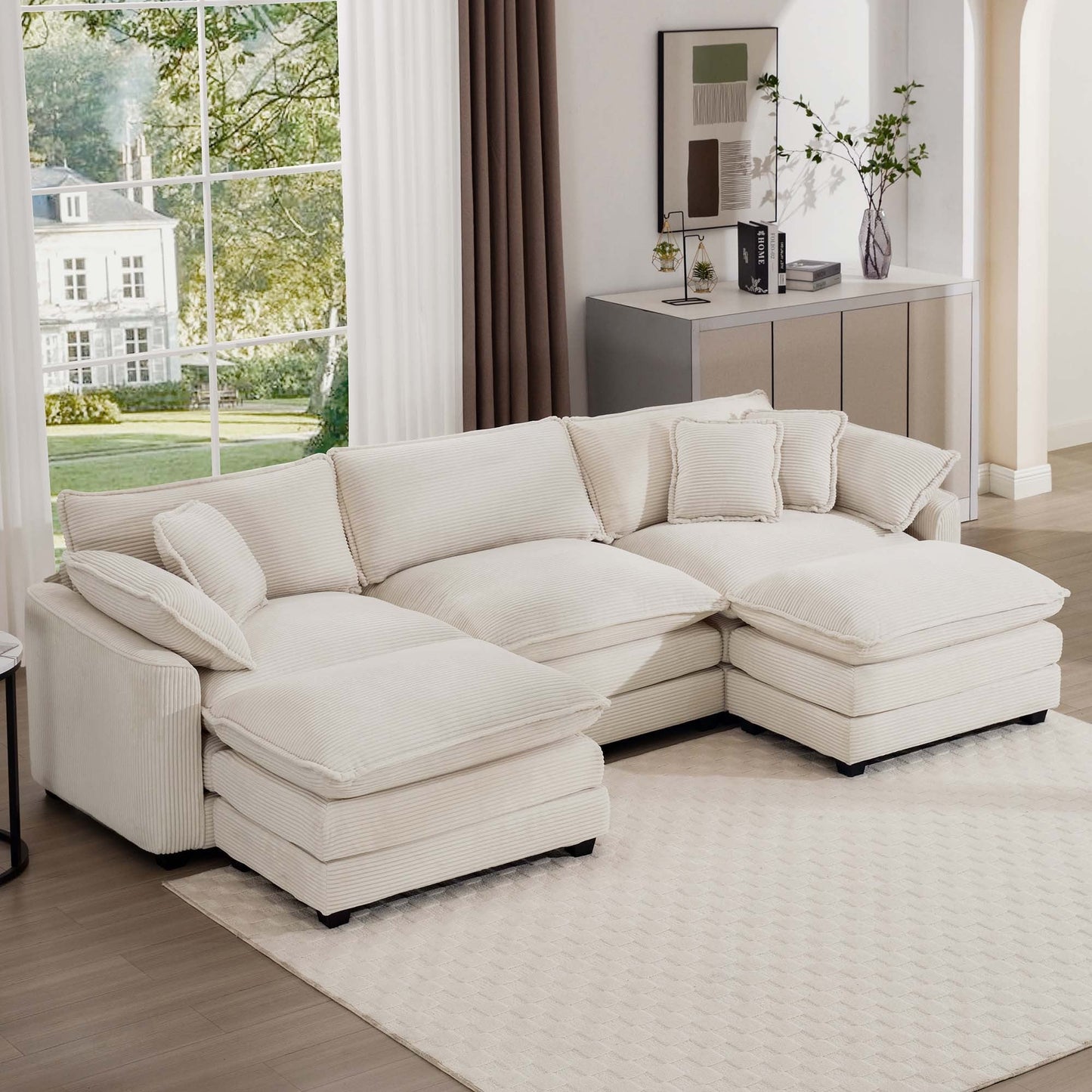 Oversized Modular Cushion Sofa with Ottomans, Comfy Upholstered U-Shaped Convertible Corner Sectional Sofa, Light Beige Corduroy