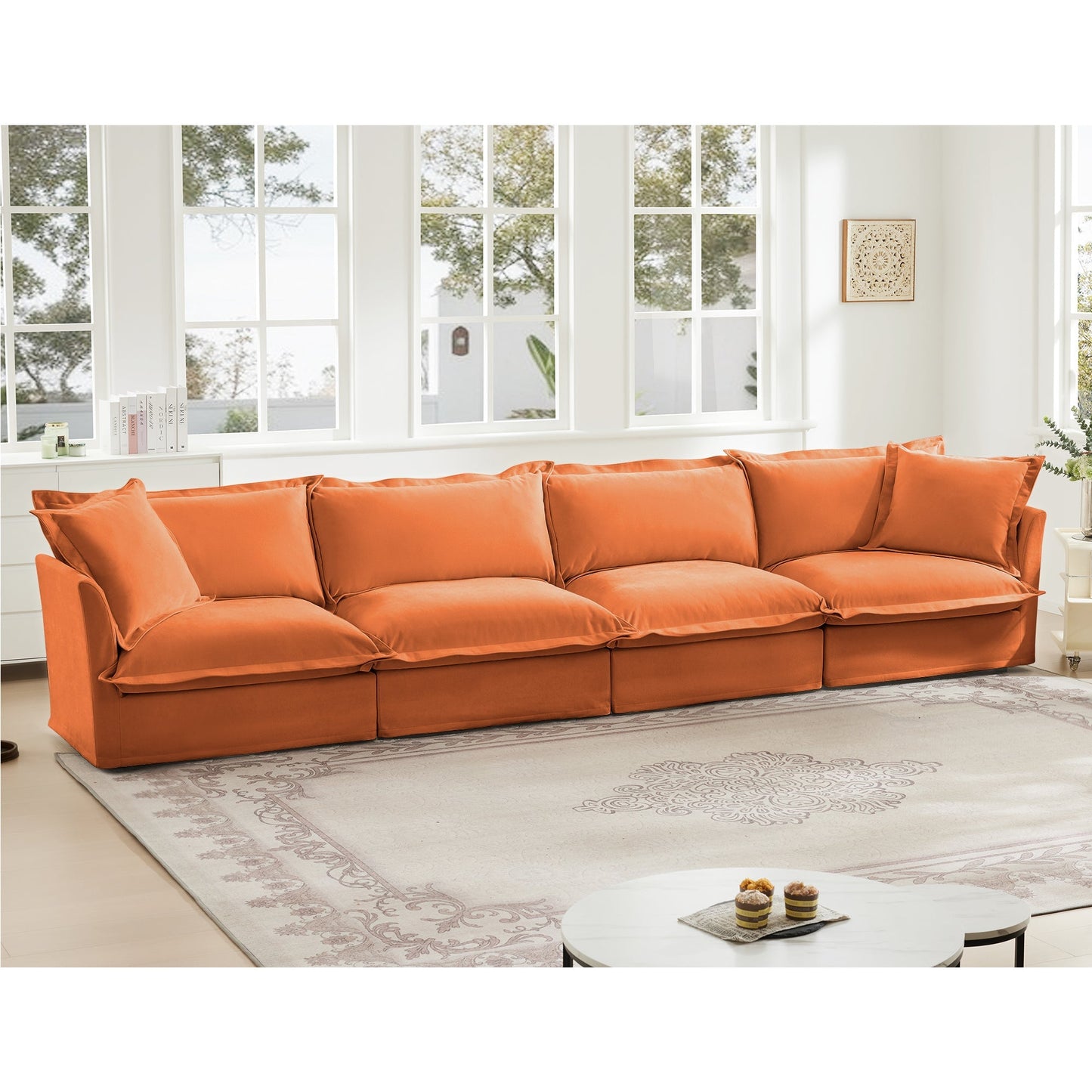Slipcovered Long Sofa, 4 Seater Sofa with Removable Cover, Extra Deep Couch for Living Room, ,Chenille Fabric Cloud Like Comfy Sofa Couch, Orange Chenille Fabric