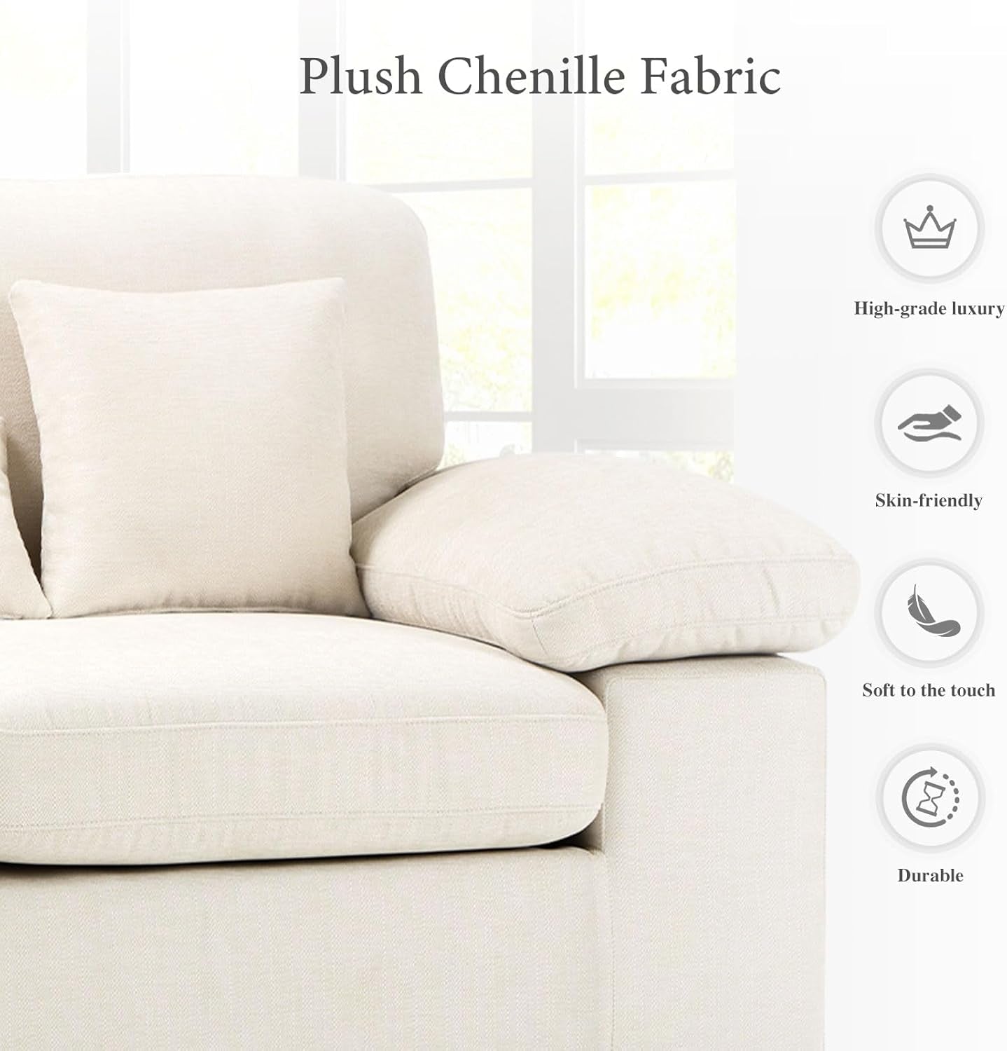 Living Room Loveseat Sofa Couch, 73" Love Seat Couch Sofa, Upholstered Chenille Living Room Sofa with Extra 3 Pillows, Removable Back Cushion-Beige