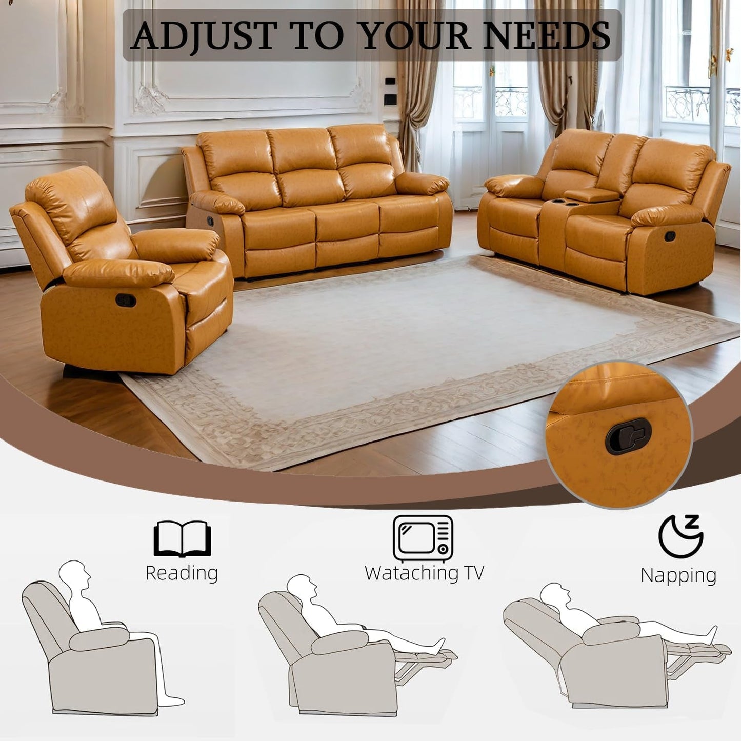 Leather Recliner Sofa Set,Leather Reclining Sofa Set for Living Room Furniture Sets,Ginger Recliner Couch Set for Living Room/Office/Theater Seating(Sofa Set 3 Pieces)