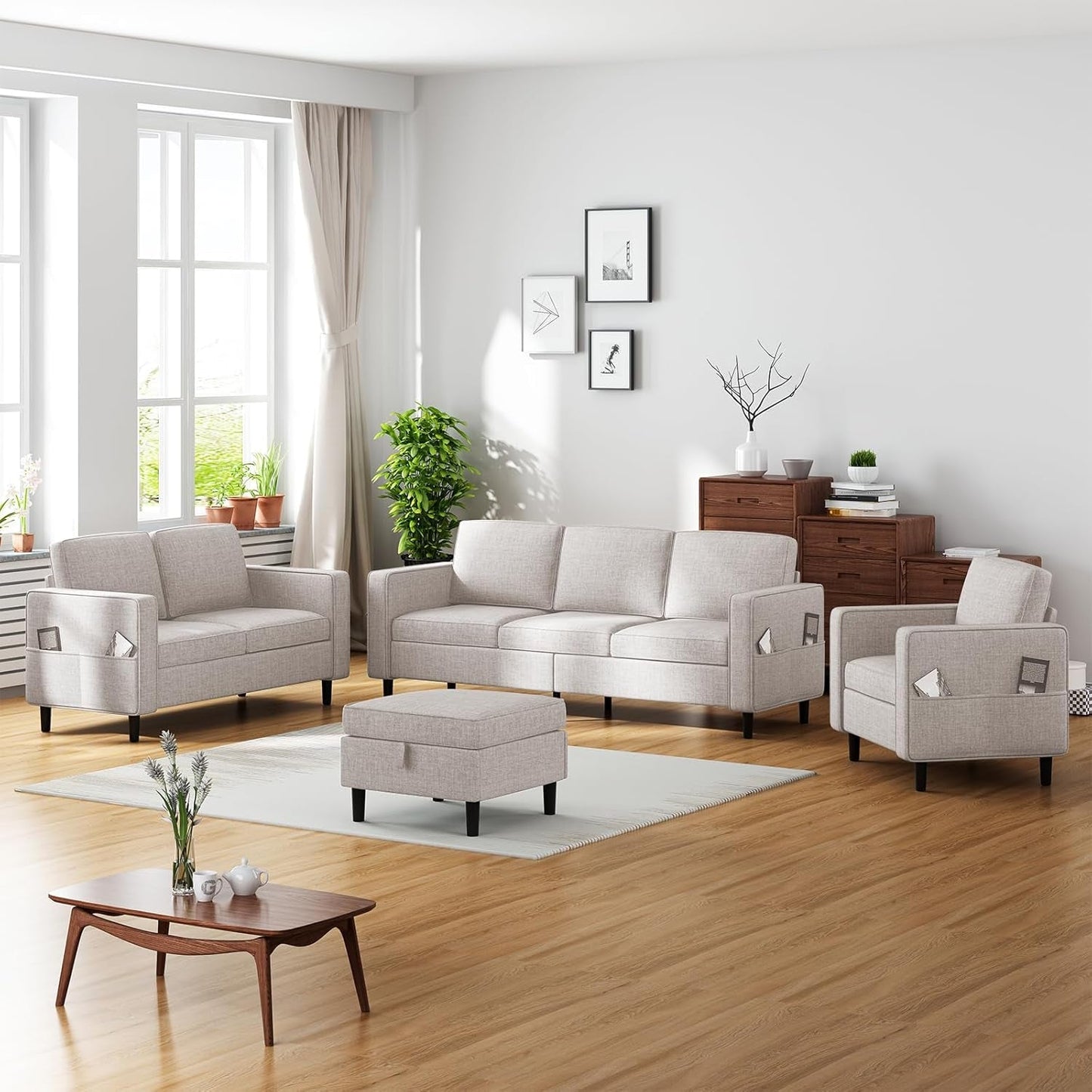 6 Seaters Sectional Upholstered Sofa, Linen Fabric Sofa Couch with Side Pockets, Free Combination Sofa Set with Movable Storage Ottoman, for Living Room-Sofa&Loveseat&Chair&Ottoman,Beige