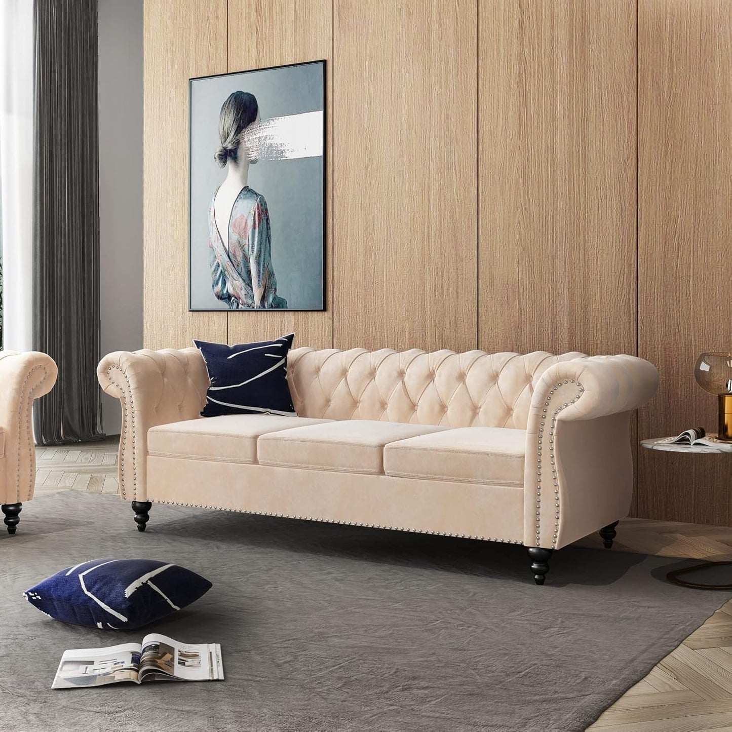 3-Piece Living Room Sectional Sofa Set, Upholstered Sofa Modern Sofa Couches Set Style Button Tufted, Velvet Chesterfield Sofa for Living Room Apartment, 1+2+3 Seat Beige