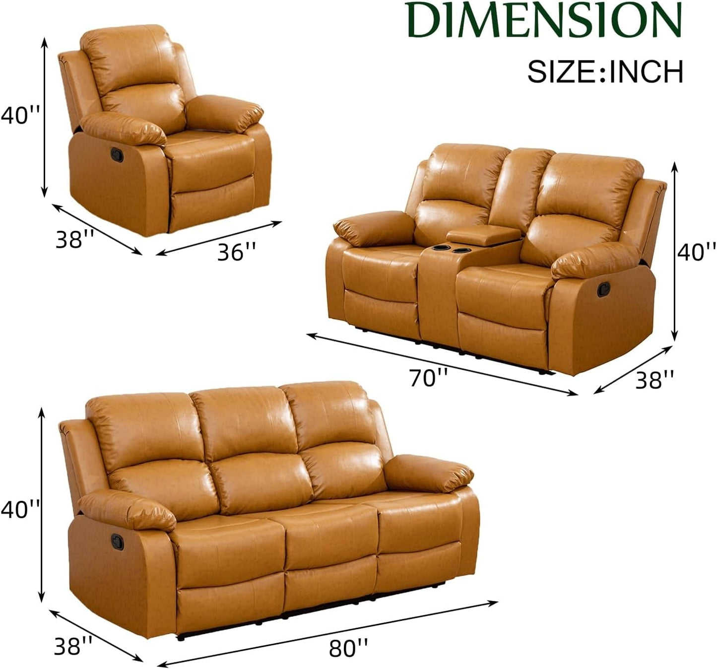 Leather Recliner Sofa Set,Leather Reclining Sofa Set for Living Room Furniture Sets,Ginger Recliner Couch Set for Living Room/Office/Theater Seating(Sofa Set 3 Pieces)