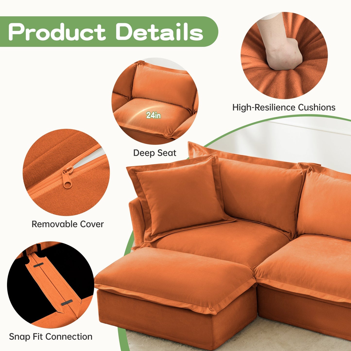 Modern Slipcovered 2-Seat Sofa Couches for Living Room, 2 Seater Sofa, Plain Chenille Deep Seat Sofa with Upholstered Cushion&Detachable Cover, Comfy Sofa Couch for Small Space, Apartment,Orange