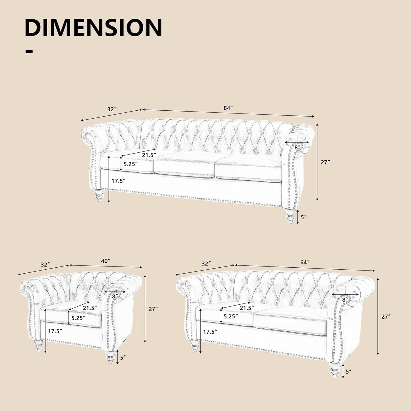 3-Piece Living Room Sectional Sofa Set, Upholstered Sofa Modern Sofa Couches Set Style Button Tufted, Velvet Chesterfield Sofa for Living Room Apartment, 1+2+3 Seat Beige