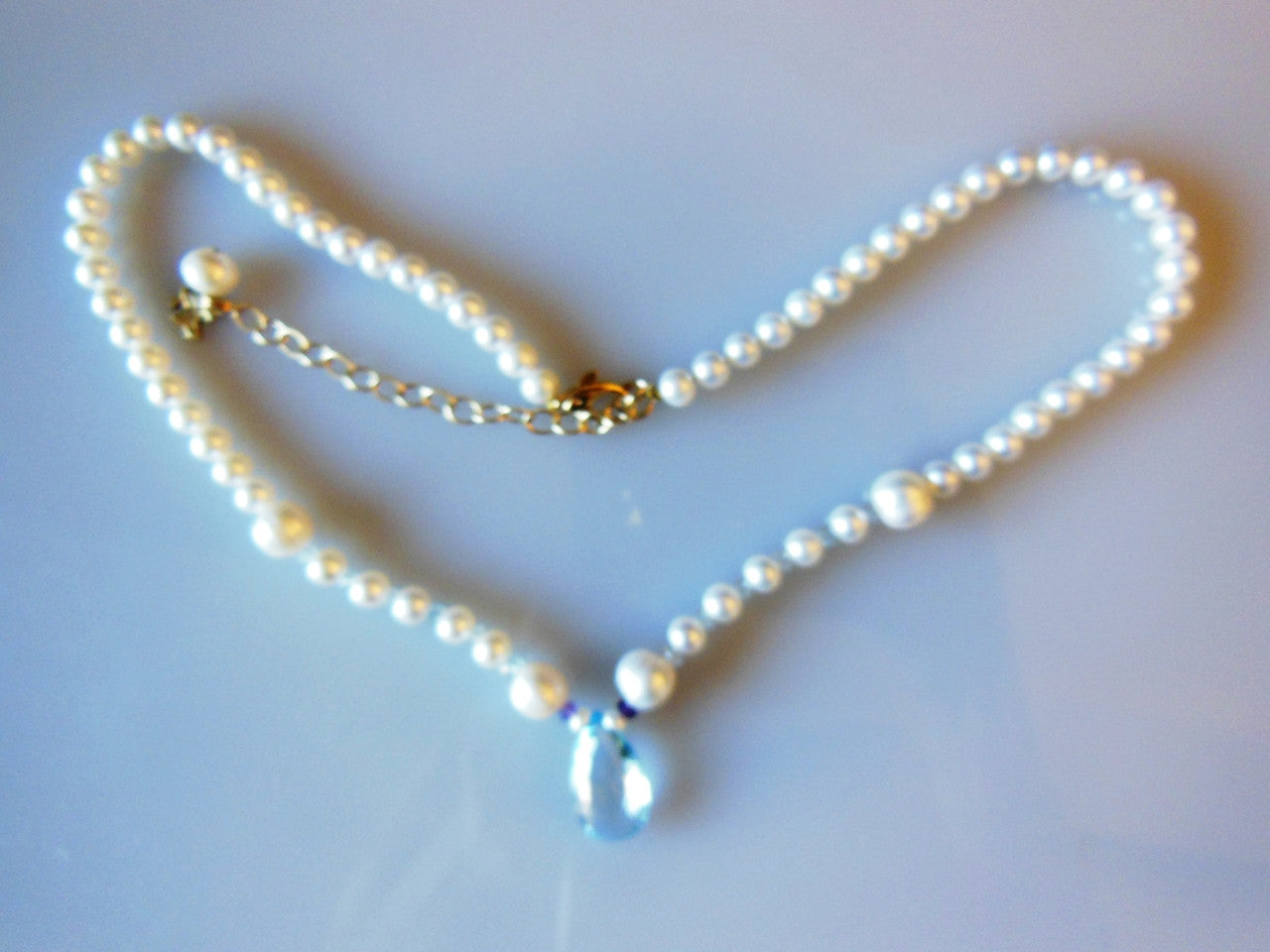 Sky Blue Topaz Briolette on Chinese Freshwater Pearl Necklace-5