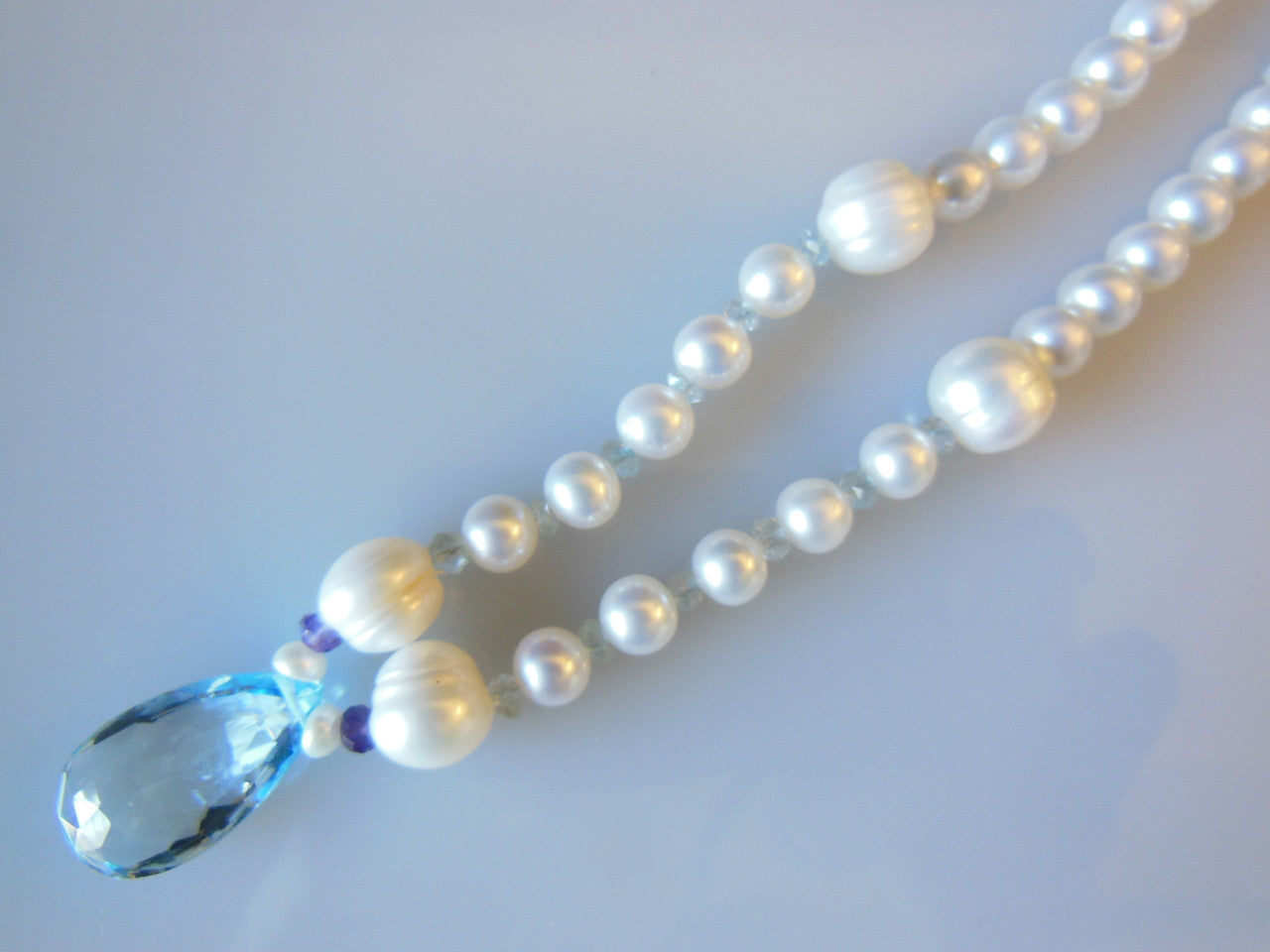 Sky Blue Topaz Briolette on Chinese Freshwater Pearl Necklace-6