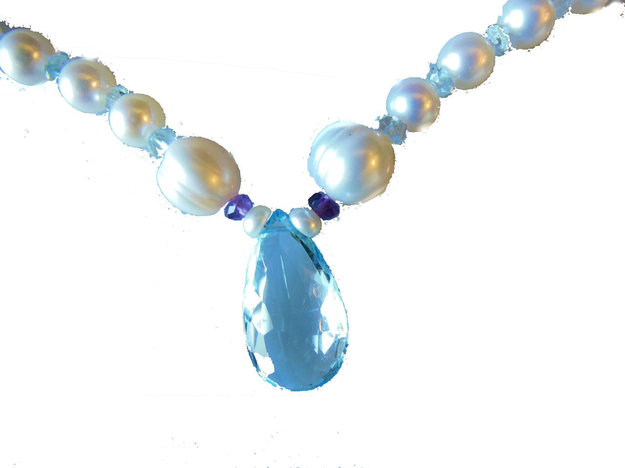 Sky Blue Topaz Briolette on Chinese Freshwater Pearl Necklace-3