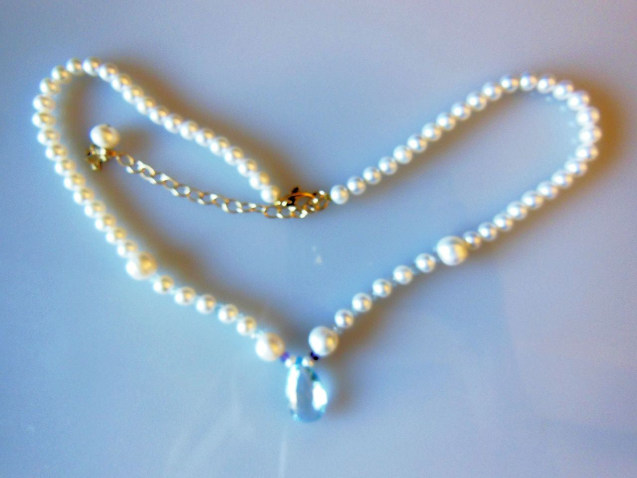 Sky Blue Topaz Briolette on Chinese Freshwater Pearl Necklace-1