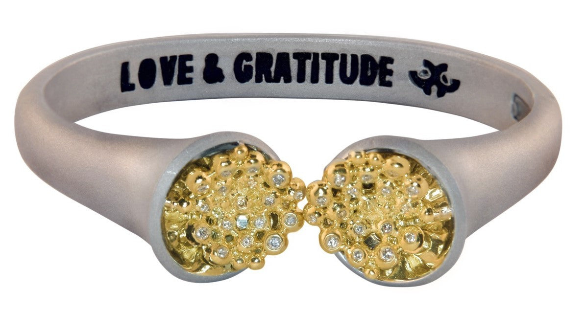 Bowl of Overflowing Diamonds Bracelet. Sterling cuff with 18K gold dots of diamonds