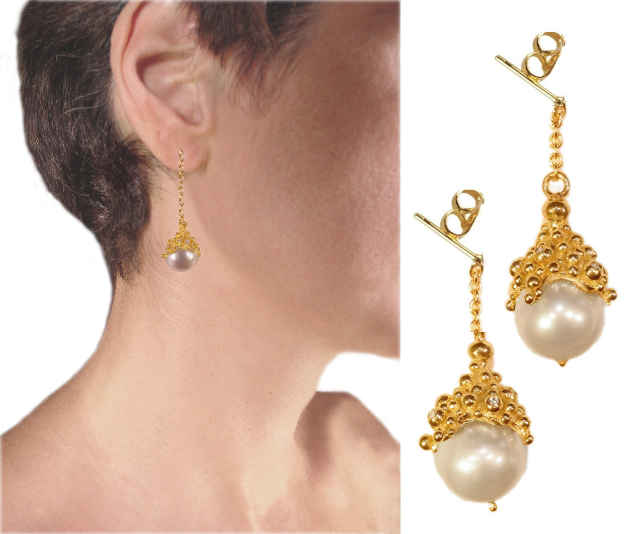 Dot Cap Pearl Drop Earrings- 18K Gold-1