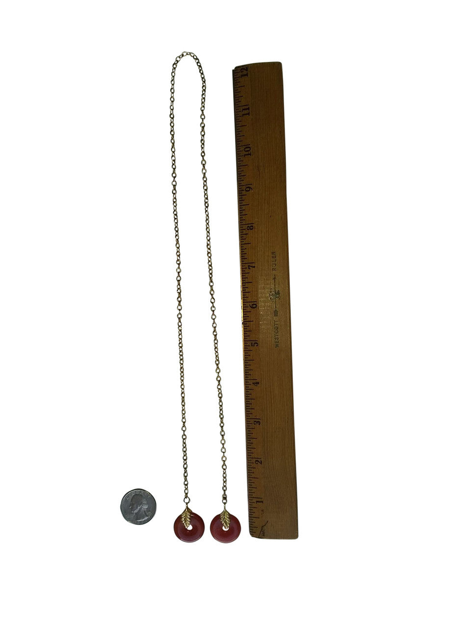 Lariat Necklace: Orange Carnelian Discs with Leaves on 24" Gold Colored Chain-5