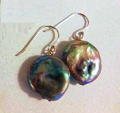 Coin Pearl Drop Earrings-Black with Rainbow Overtones-2