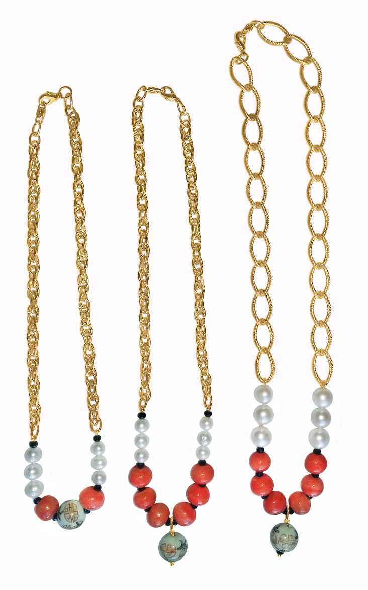 Double Happiness, Happy Marriage, Longevity, Coral Asian Glass Beads, Pearls on Bold Gold Chain Necklace: 18K Plate