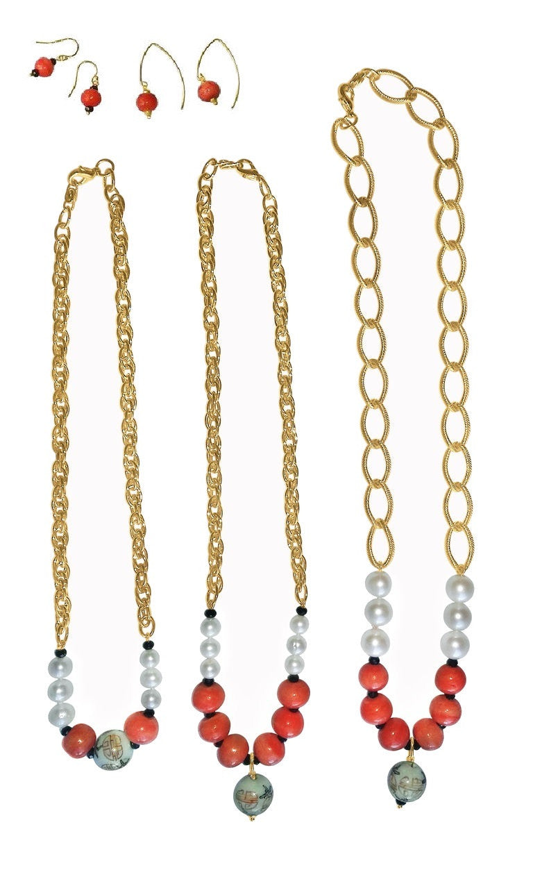 Double Happiness, Happy Marriage, Longevity, Coral Asian Glass Beads, Pearls on Bold Gold Chain Necklace: 18K Plate