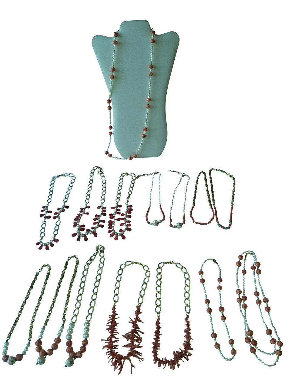 Double Happiness, Happy Marriage, Longevity, Coral Asian Glass Beads, Pearls on Bold Gold Chain Necklace: 18K Plate