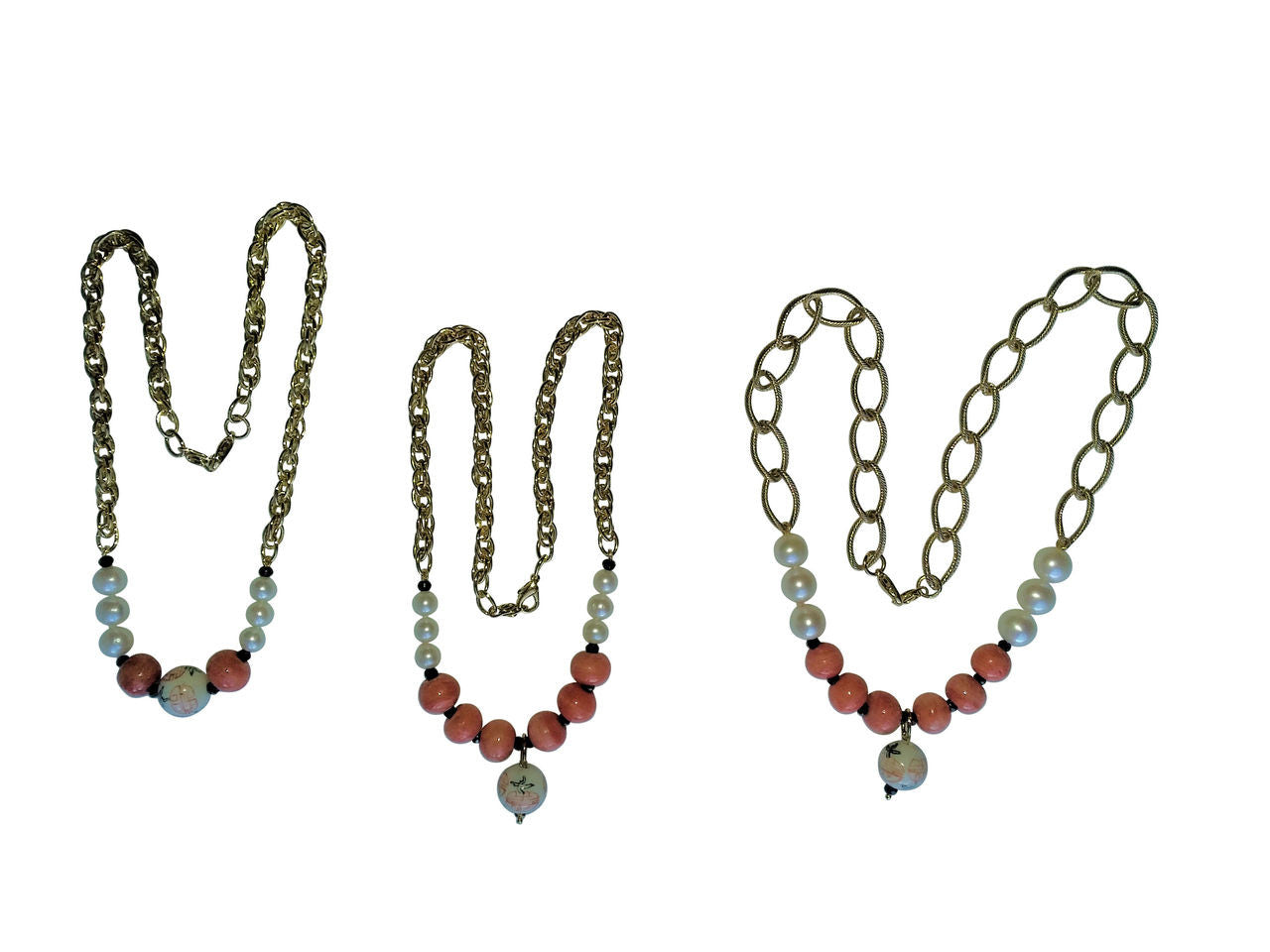Double Happiness, Happy Marriage, Longevity, Coral Asian Glass Beads, Pearls on Bold Gold Chain Necklace: 18K Plate