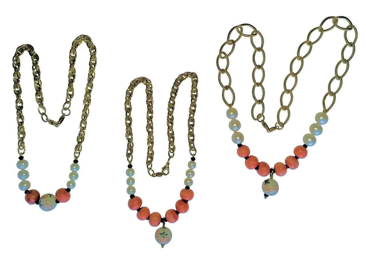 Double Happiness, Happy Marriage, Longevity, Coral Asian Glass Beads, Pearls on Bold Gold Chain Necklace: 18K Plate