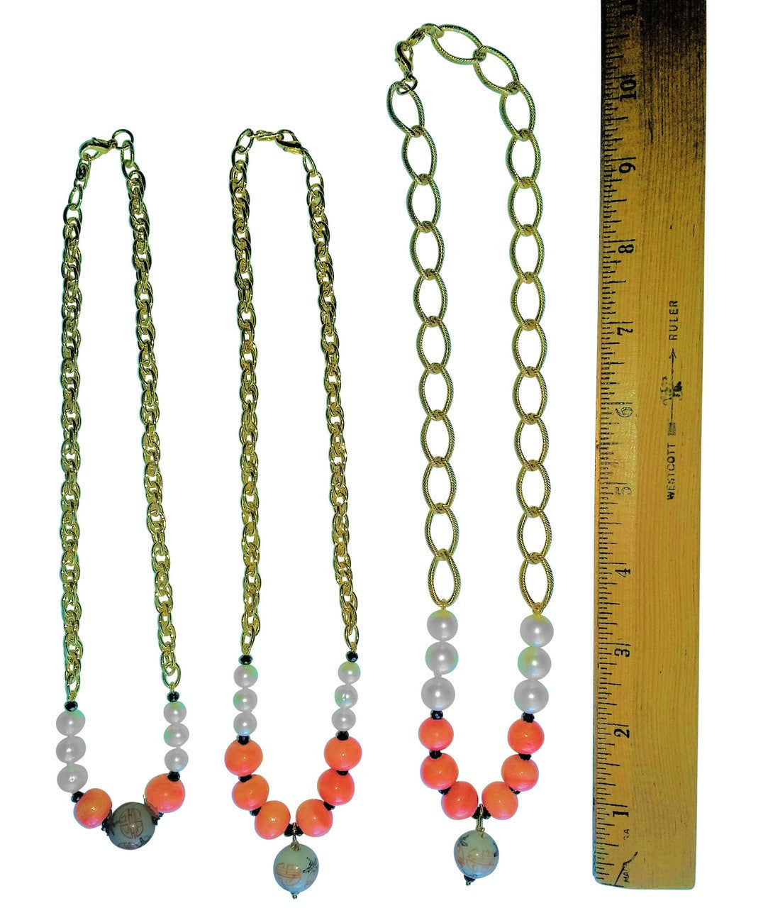 Double Happiness, Happy Marriage, Longevity, Coral Asian Glass Beads, Pearls on Bold Gold Chain Necklace: 18K Plate