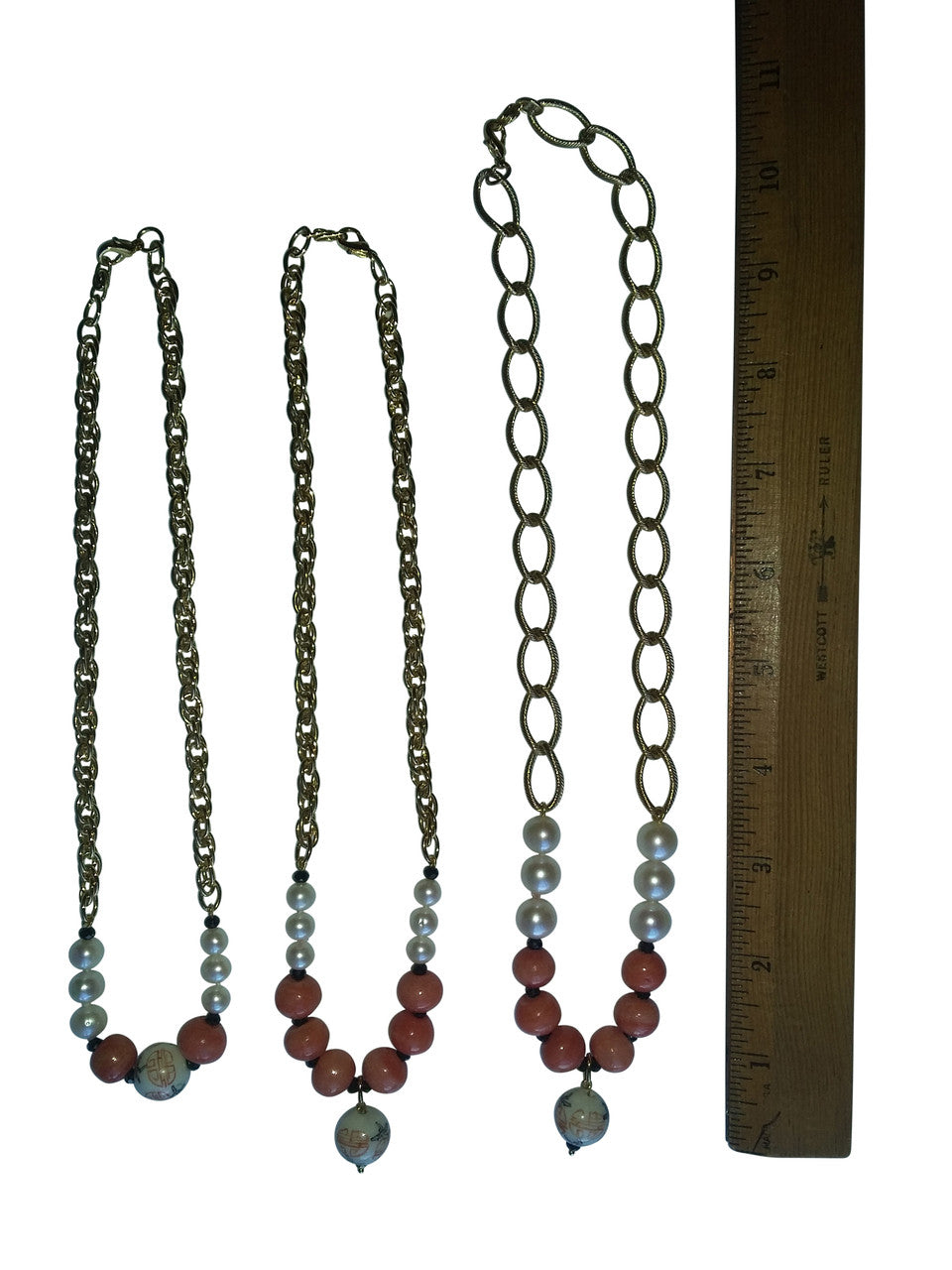 Double Happiness, Happy Marriage, Longevity, Coral Asian Glass Beads, Pearls on Bold Gold Chain Necklace: 18K Plate