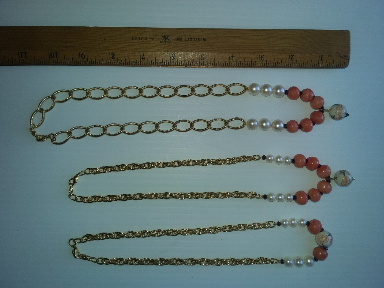 Double Happiness, Happy Marriage, Longevity, Coral Asian Glass Beads, Pearls on Bold Gold Chain Necklace: 18K Plate