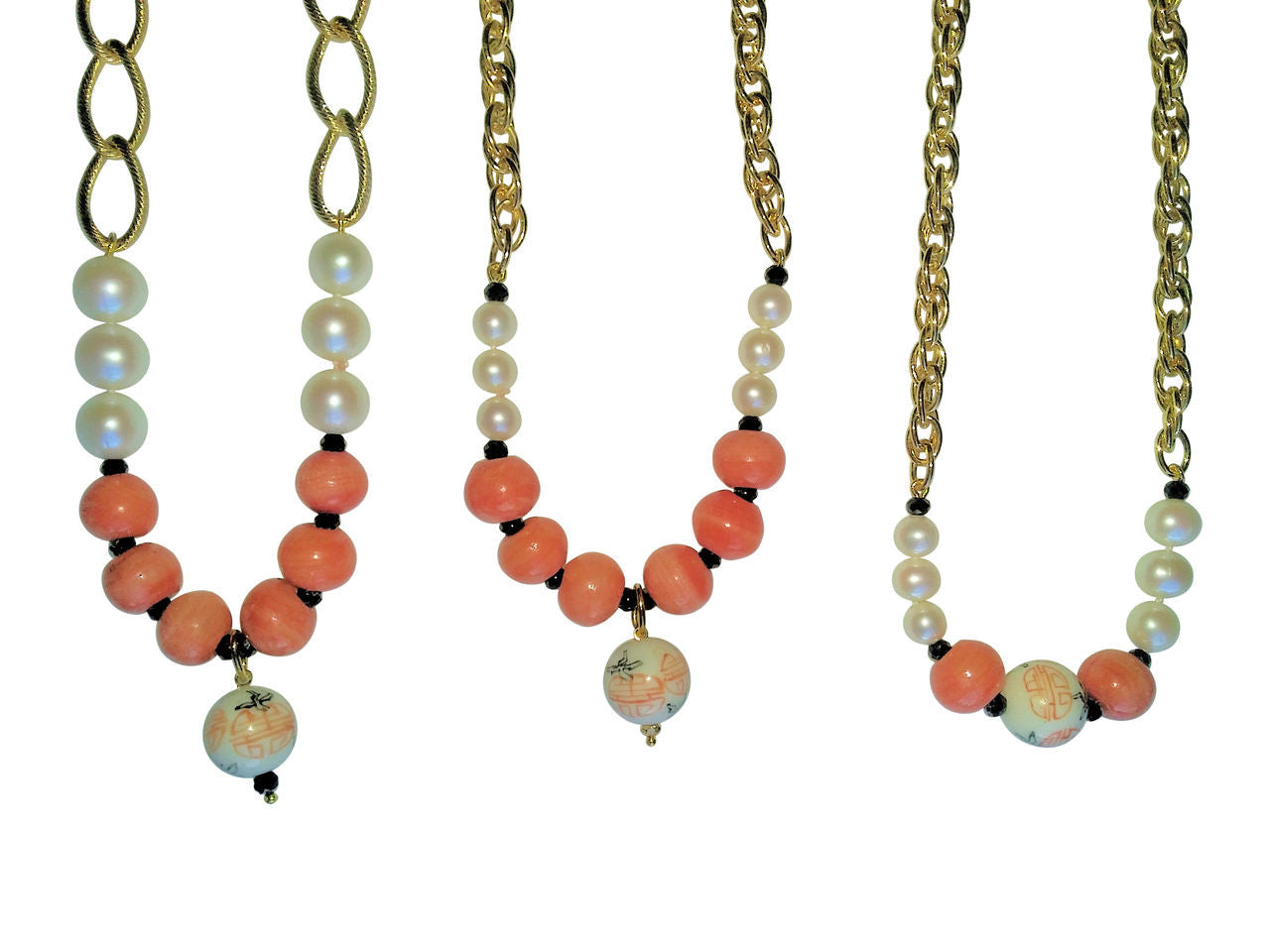 Double Happiness, Happy Marriage, Longevity, Coral Asian Glass Beads, Pearls on Bold Gold Chain Necklace: 18K Plate