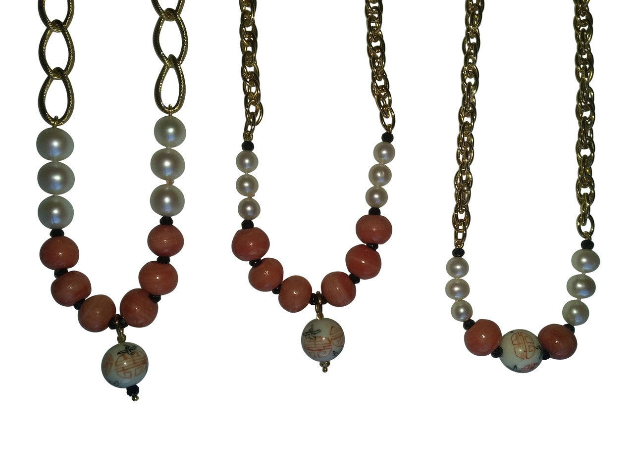 Double Happiness, Happy Marriage, Longevity, Coral Asian Glass Beads, Pearls on Bold Gold Chain Necklace: 18K Plate