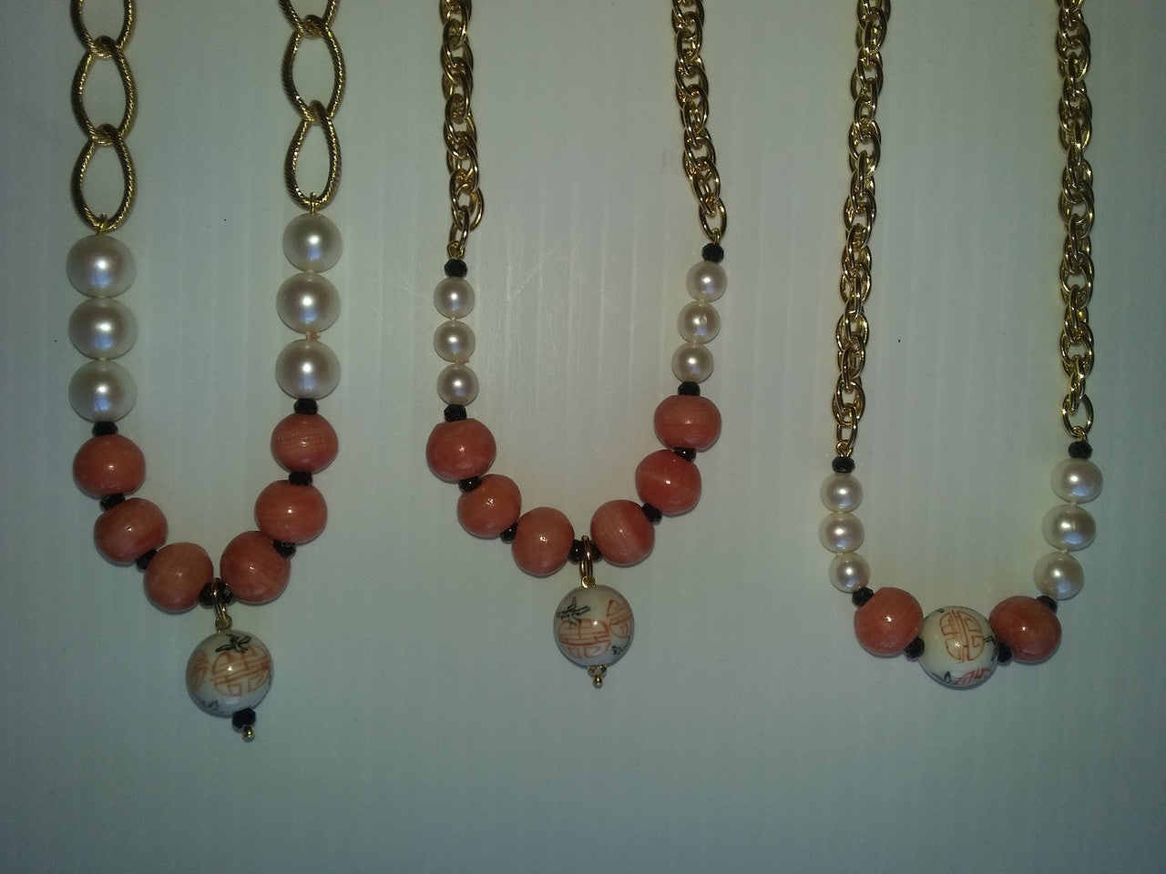 Double Happiness, Happy Marriage, Longevity, Coral Asian Glass Beads, Pearls on Bold Gold Chain Necklace: 18K Plate
