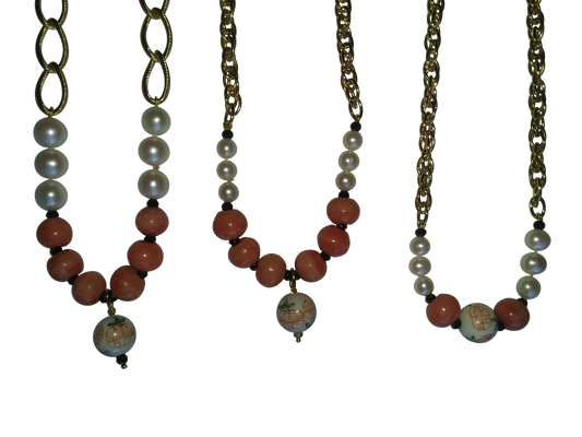 Double Happiness, Happy Marriage, Longevity, Coral Asian Glass Beads, Pearls on Bold Gold Chain Necklace: 18K Plate
