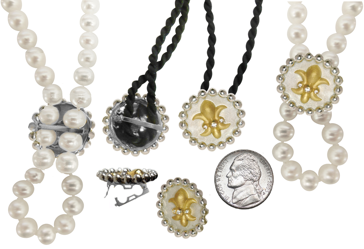 Fleur De Lis Pendant/Necklace or Pearl Enhancer-Silver, 18K Gold, Center Diamonds-0