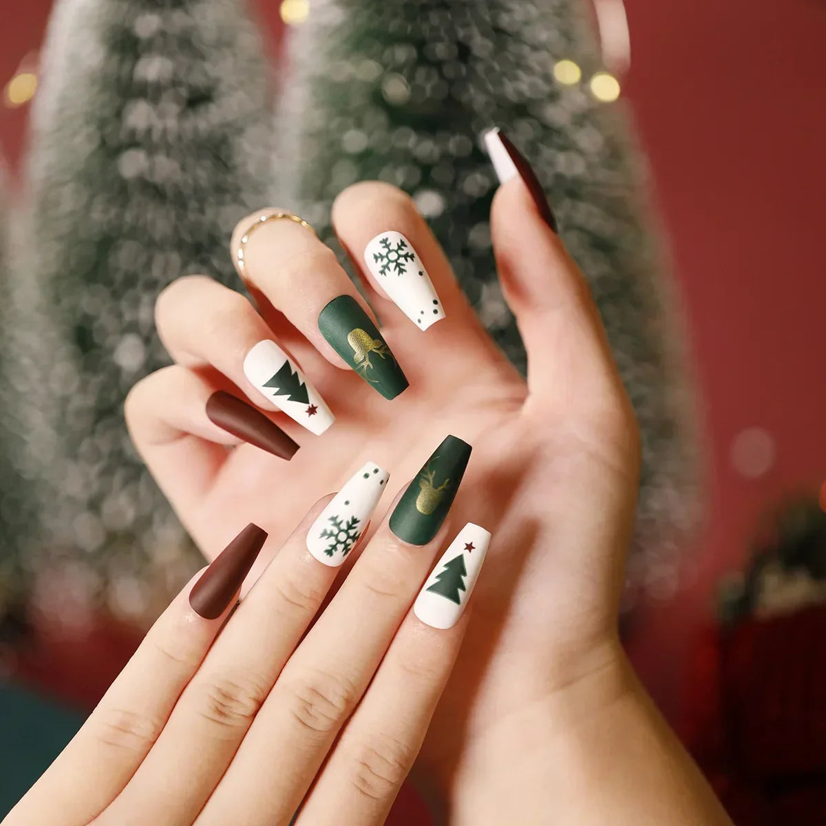 Gold Powder Christmas Fake Nails