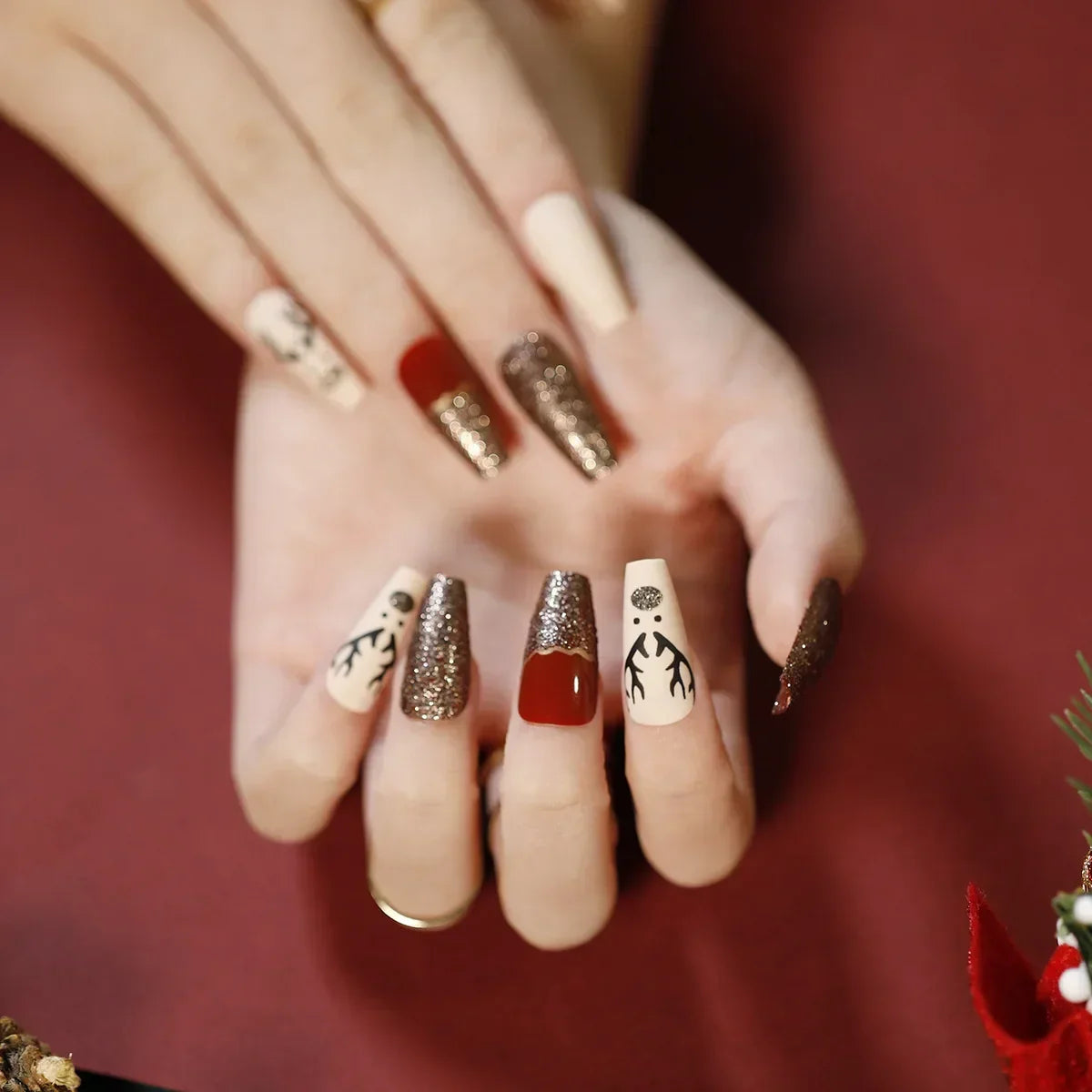 Gold Powder Christmas Fake Nails