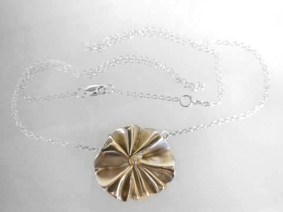 Ruffle Pendant: Single Diamond in 18K Gold Dot Set in Sterling Silver-1