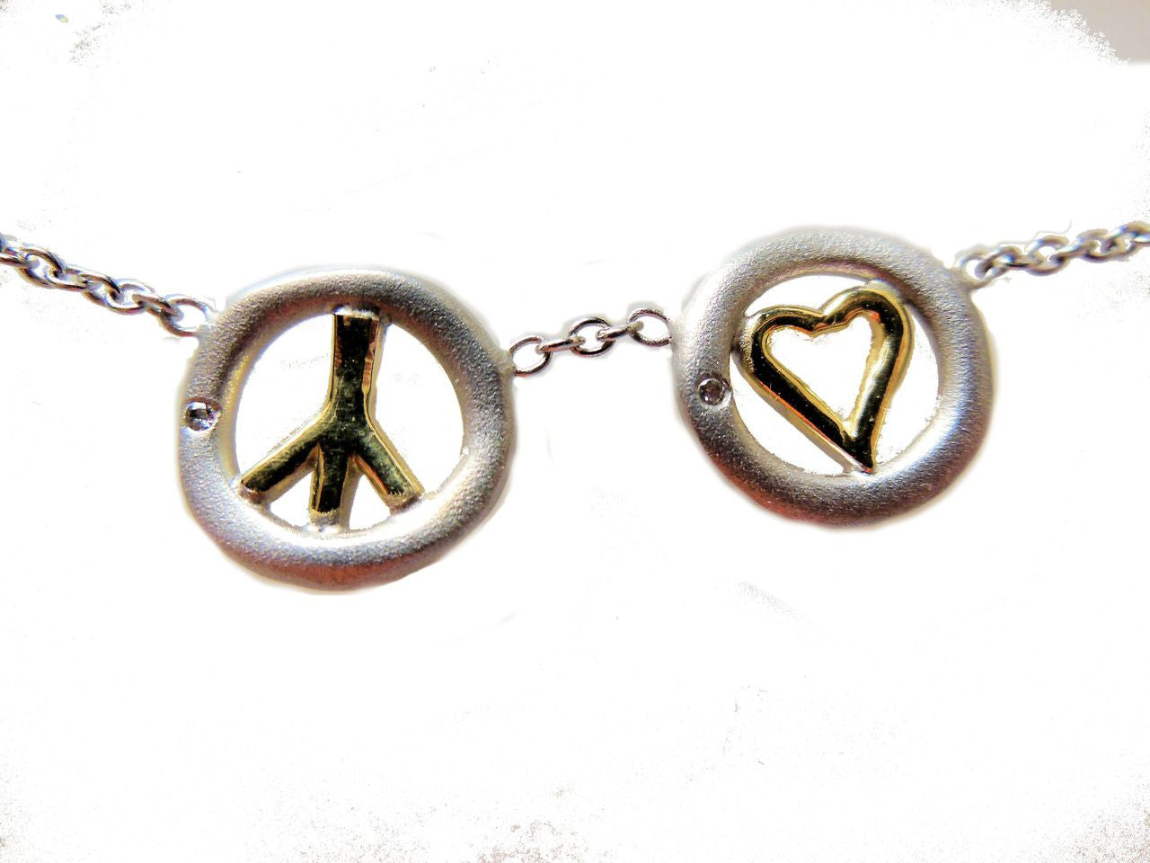 Peace and Love necklace 18k gold, sterling, tiny diamonds on silver chain-4