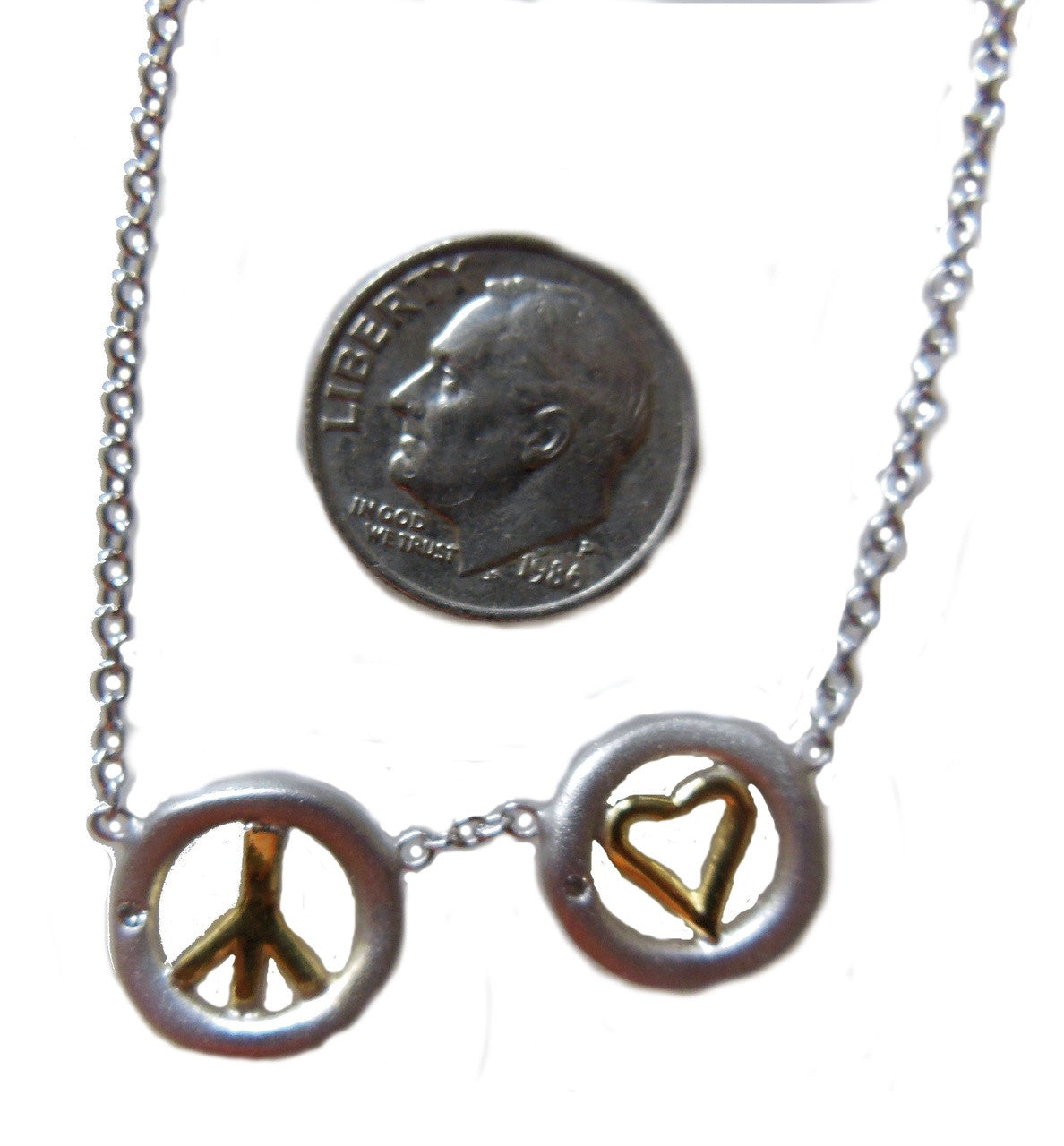 Peace and Love necklace 18k gold, sterling, tiny diamonds on silver chain-2