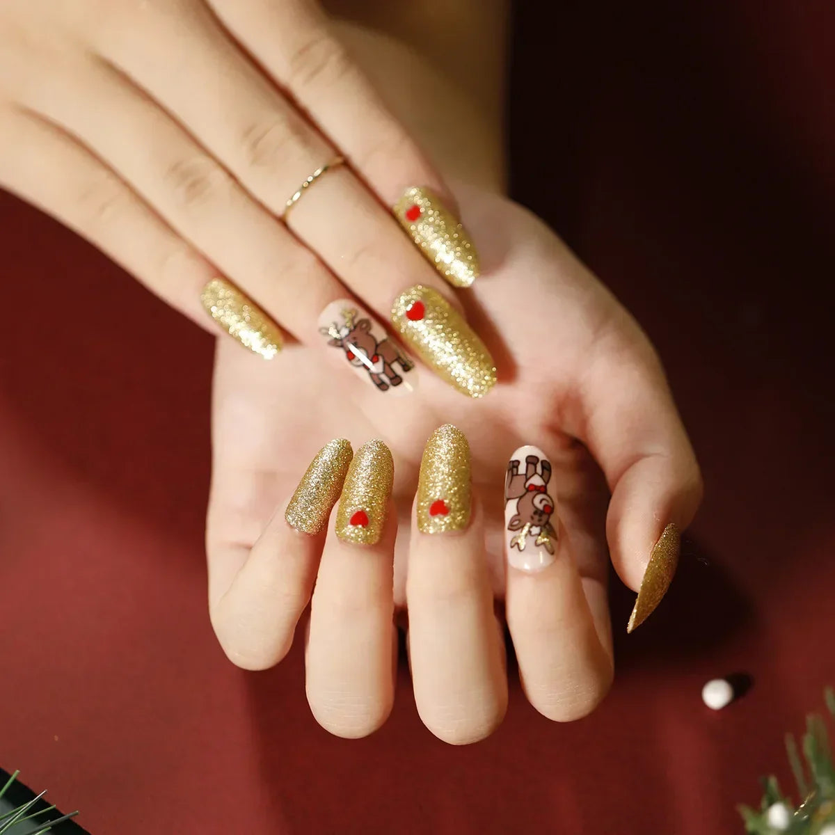 Gold Powder Christmas Fake Nails